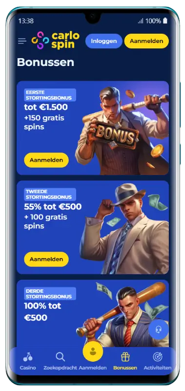 Bonuspagina met meerdere stortingsbonussen CarloSpin stortingsbonussen overzicht pagina