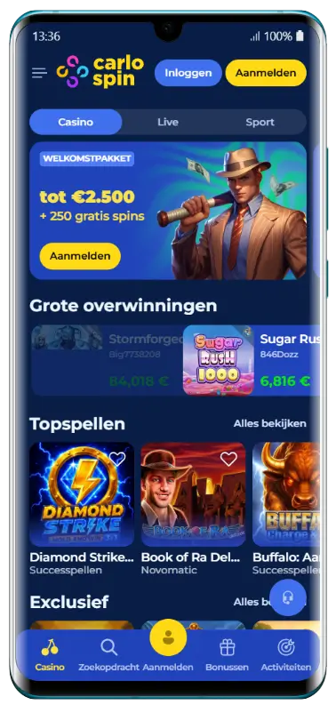 Startpagina met overzicht topspellen CarloSpin casino welkomstpakket homepagina