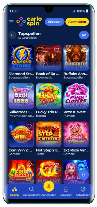 Rasterweergave van beschikbare slotgames CarloSpin populaire casinospellen overzicht