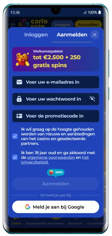 Aanmeldformulier voor nieuwe spelers CarloSpin registratie welkomstbonus pagina